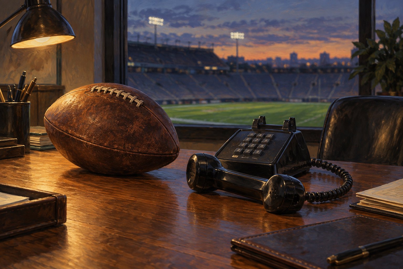 Illustration of a football and a corded telephone on a wooden desk overlooking an empty stadium at dusk.