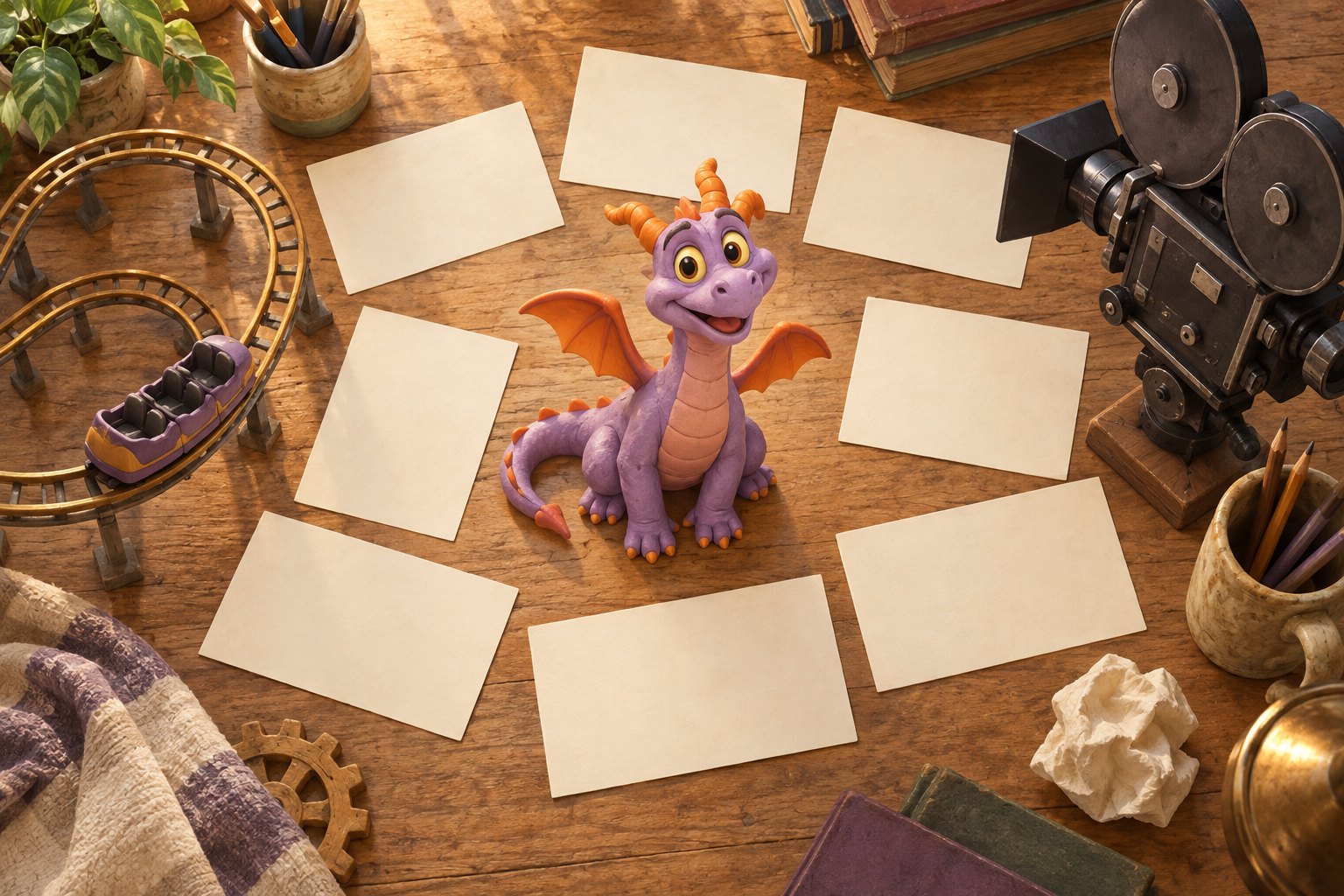 Conceptual illustration of a purple dragon model surrounded by blank storyboard cards, a miniature ride track, and a movie camera.