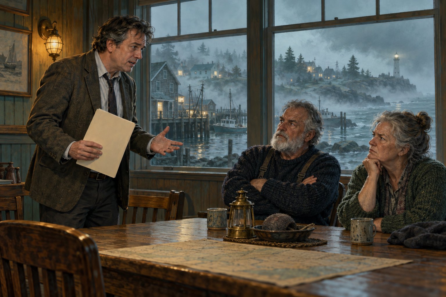 Concept illustration of an anxious municipal official facing two skeptical residents beside a foggy harbor.