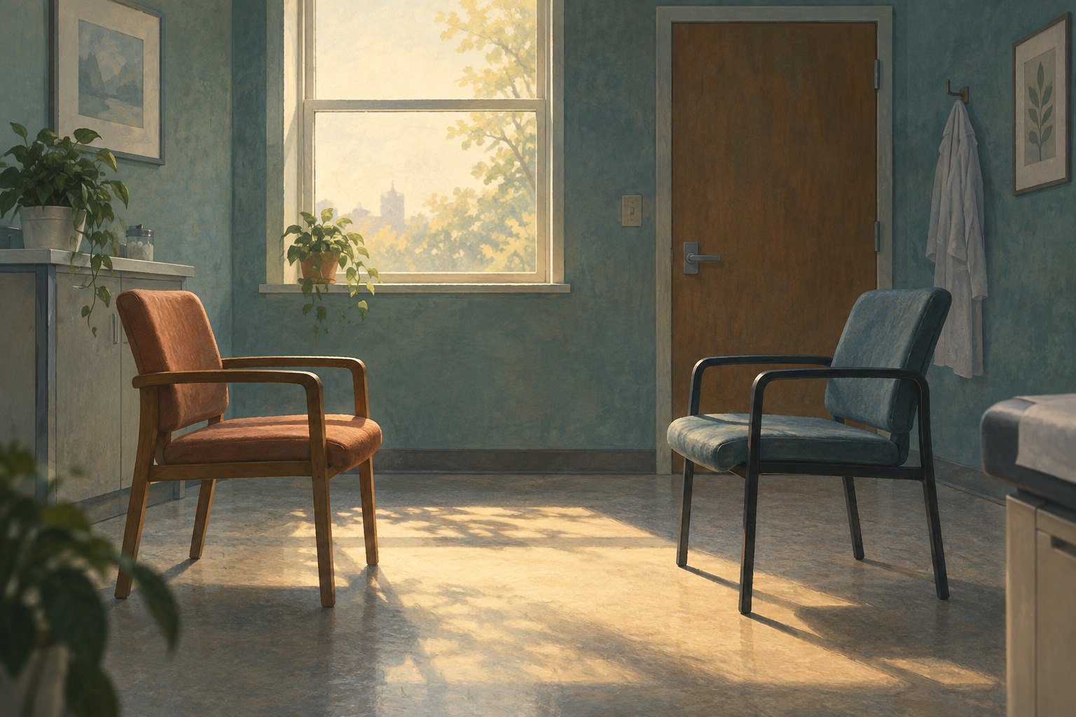 Conceptual illustration of two empty chairs facing each other in a softly lit consultation room.