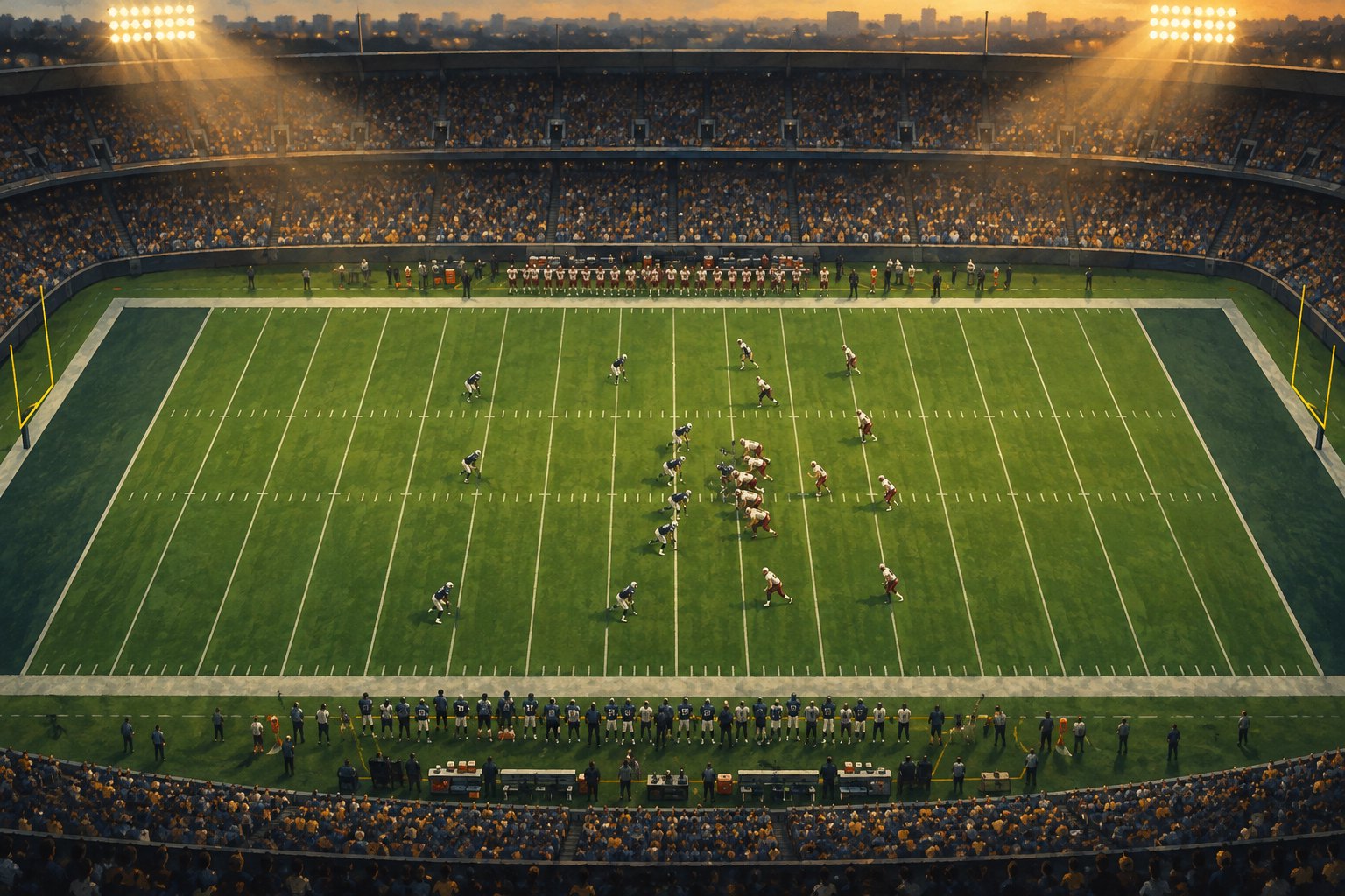 Painterly illustration of football players preparing for a snap on a wide field beneath golden stadium lights.