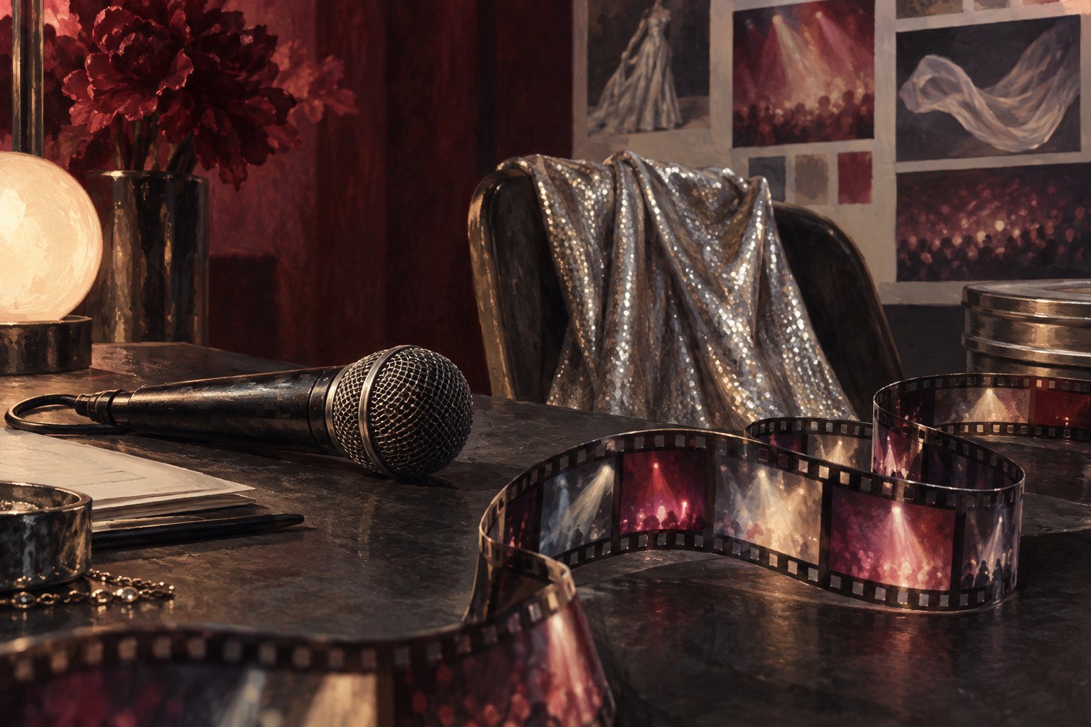 Conceptual still life of silver fabric on a chair beside a microphone and curling filmstrip in an editing room.