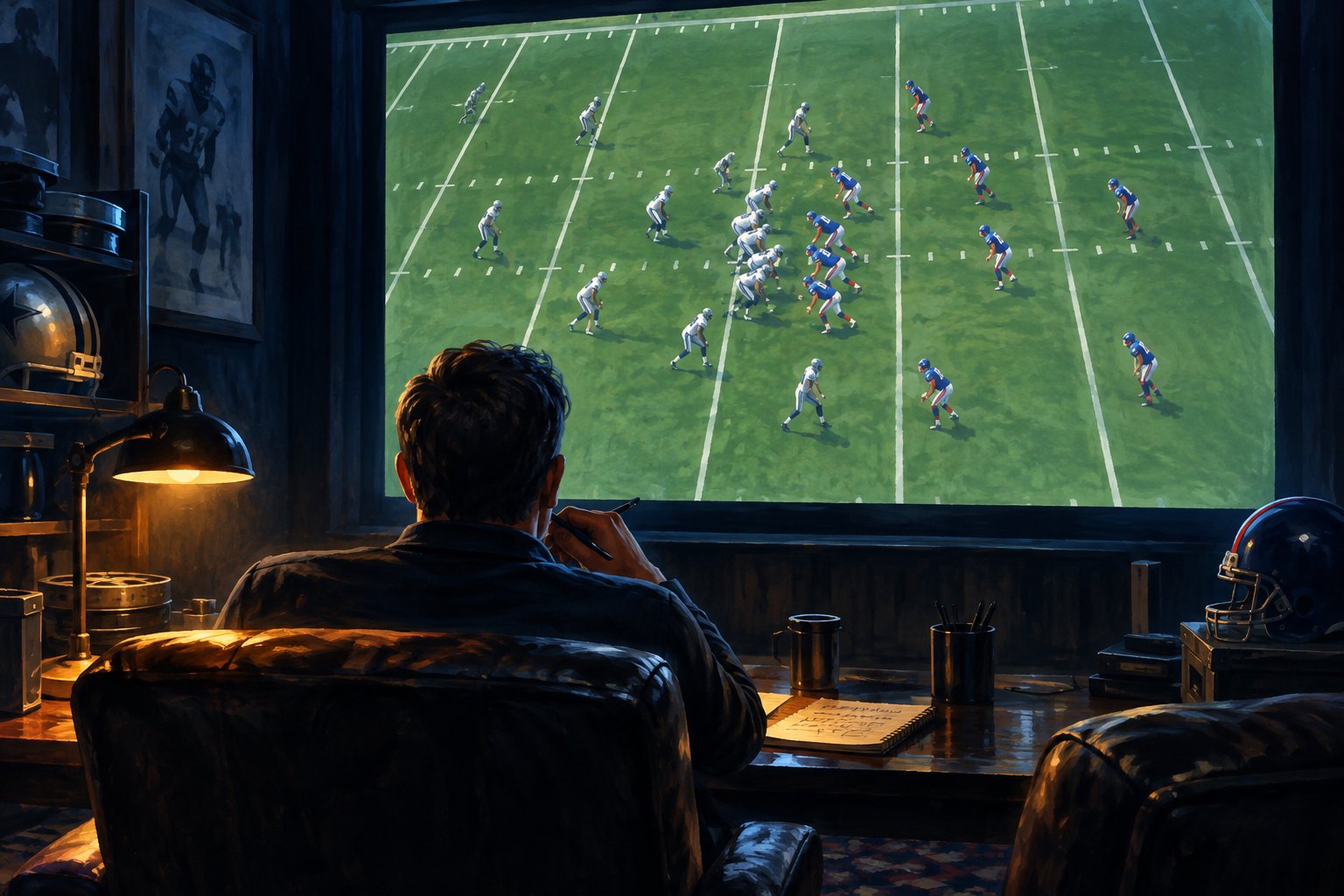 Editorial illustration of an analyst studying American football footage in a dark screening room.