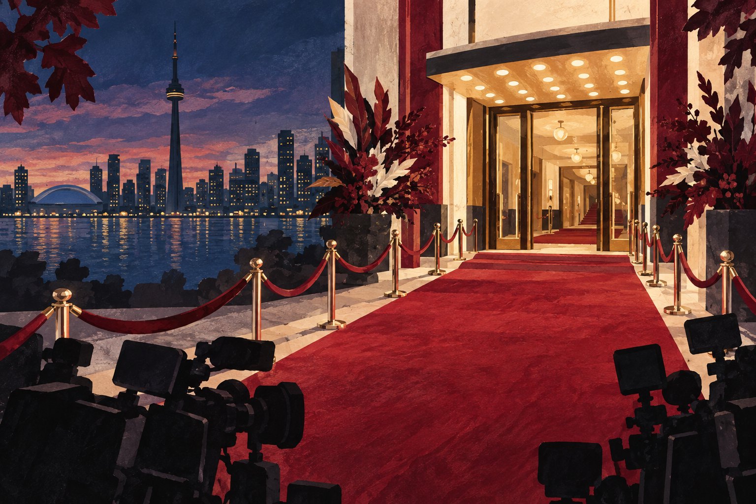 Conceptual illustration of an empty red carpet leading to illuminated cinema doors beside the Toronto skyline, with cameras in the foreground.