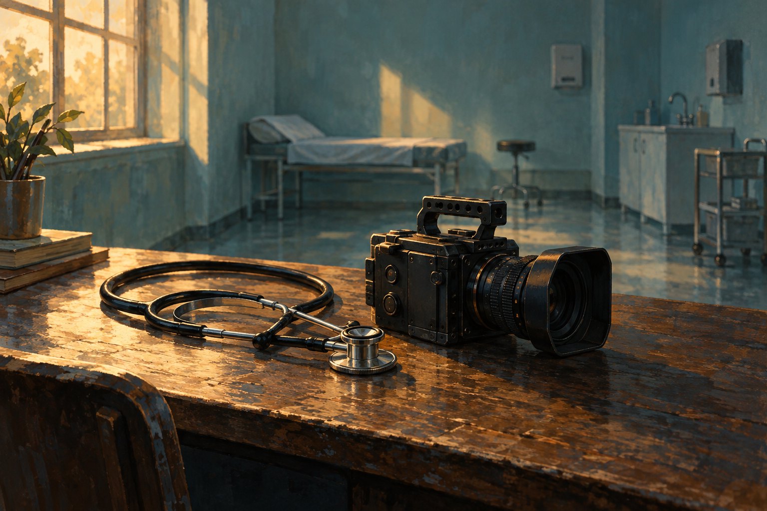 Conceptual illustration of a stethoscope and cinema camera on a wooden desk in a sunlit clinical room.