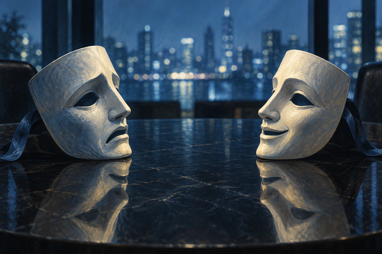Conceptual illustration of two ivory theatrical masks reflected in a dark table against blue city lights.