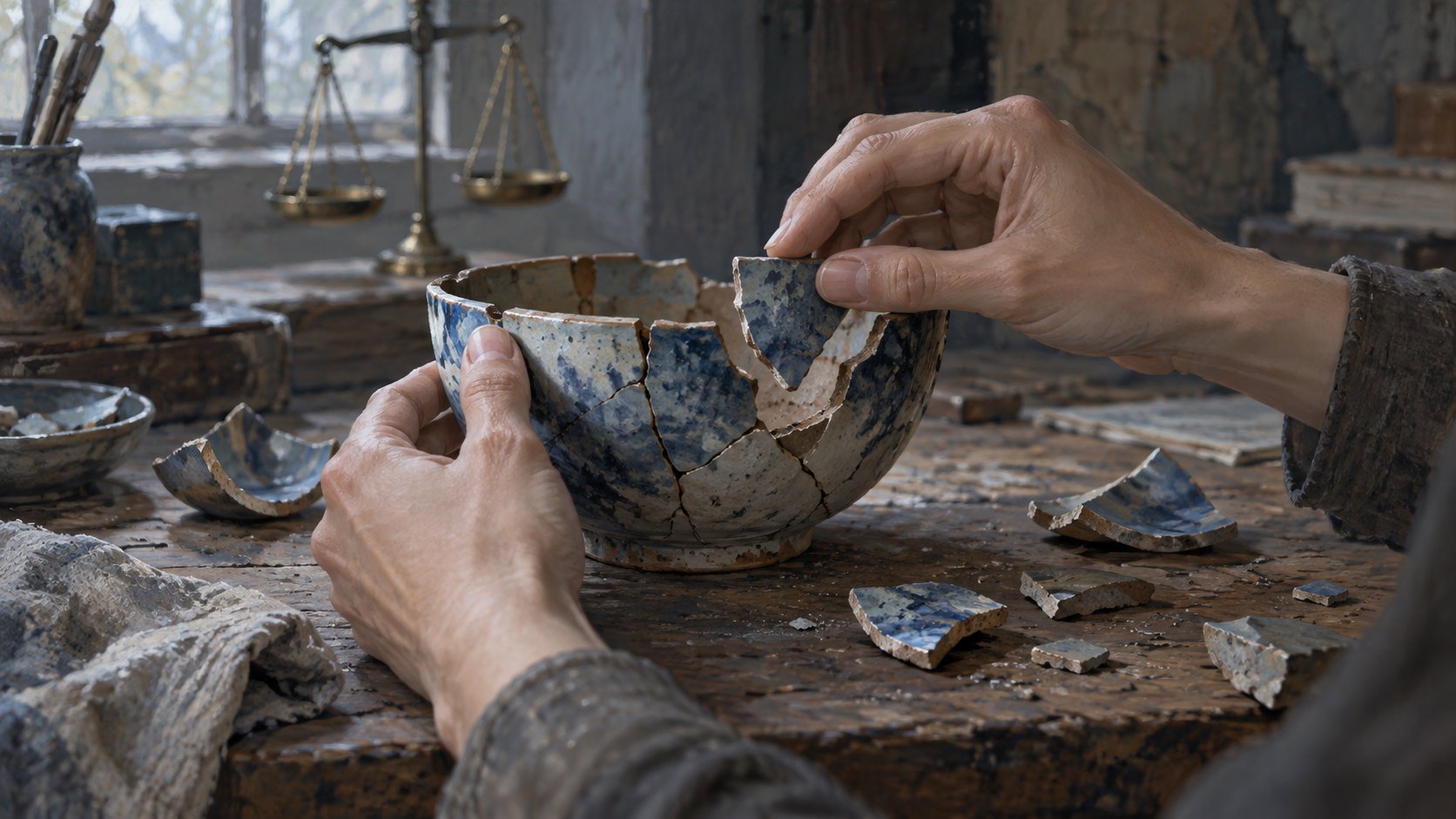 雙手在工作桌上拼合仍有缺口的陶碗,後方天平呼應修補與代價的原創概念插畫