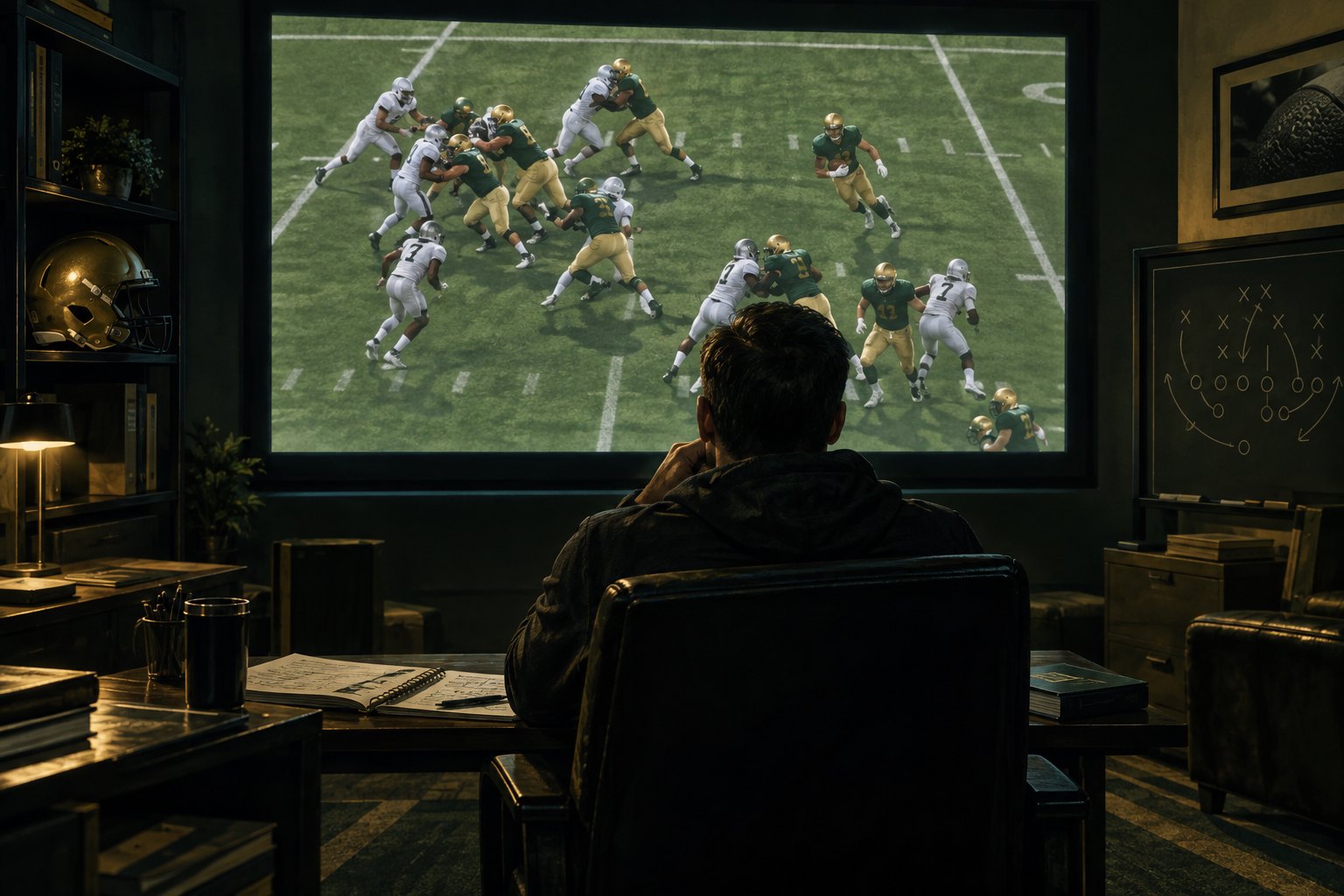 An editorial illustration of an analyst watching American football footage in a dim film room.