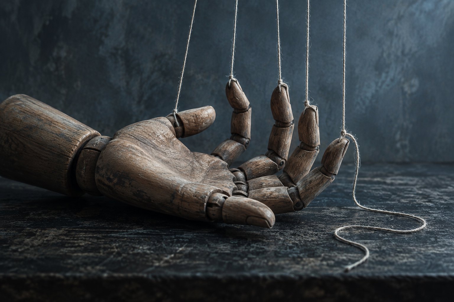Conceptual illustration of an articulated wooden hand with strings attached to its fingers and a loose cord on a dark tabletop.