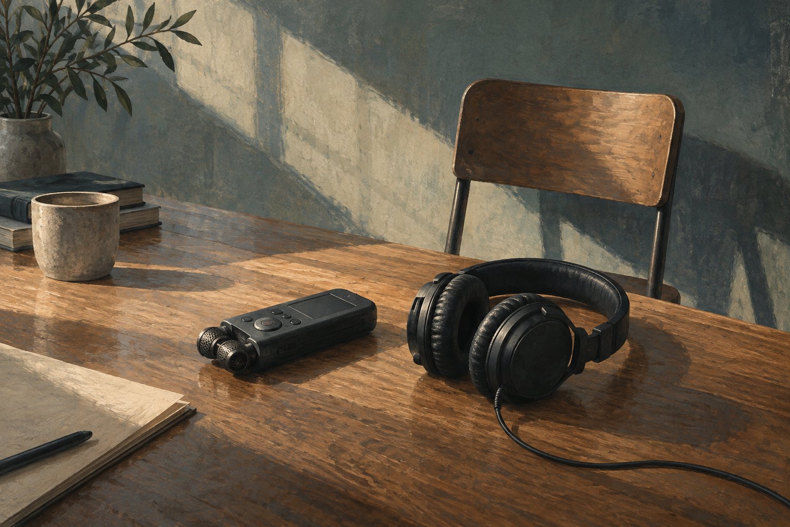 Conceptual illustration of an audio recorder and headphones on a sunlit wooden table beside an empty interview chair.