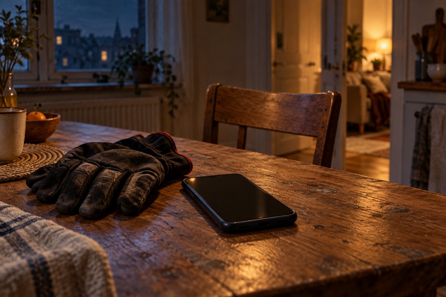 A phone with a dark screen rests beside worn gloves on a kitchen table near an empty chair.