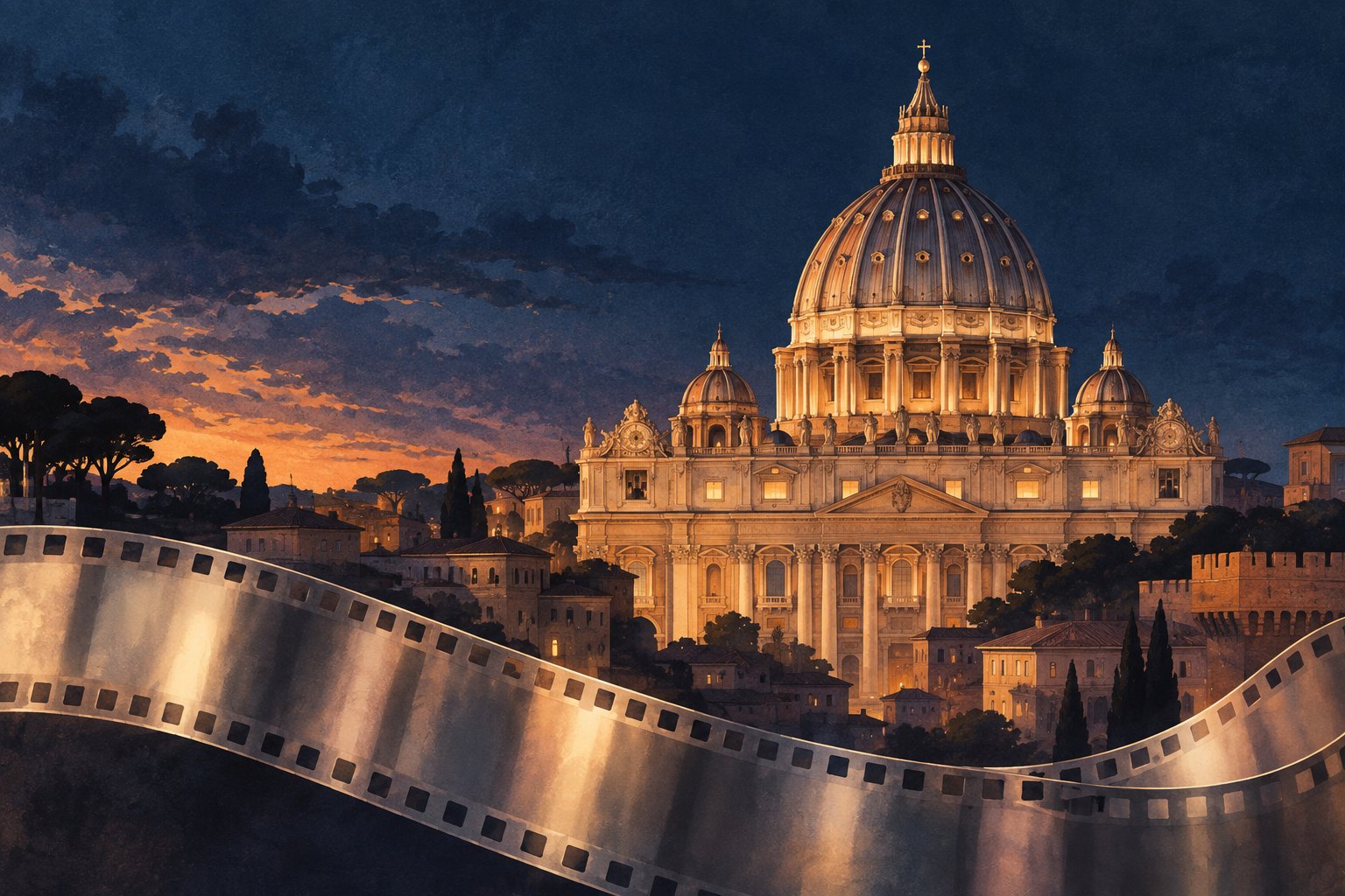 Conceptual illustration of St. Peter’s Basilica at dusk with a curved strip of film across the foreground.