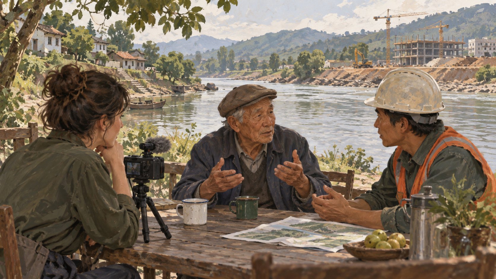 概念插畫:持攝影機的記錄者在河畔聆聽居民與工作者交談,遠方可見建設工地