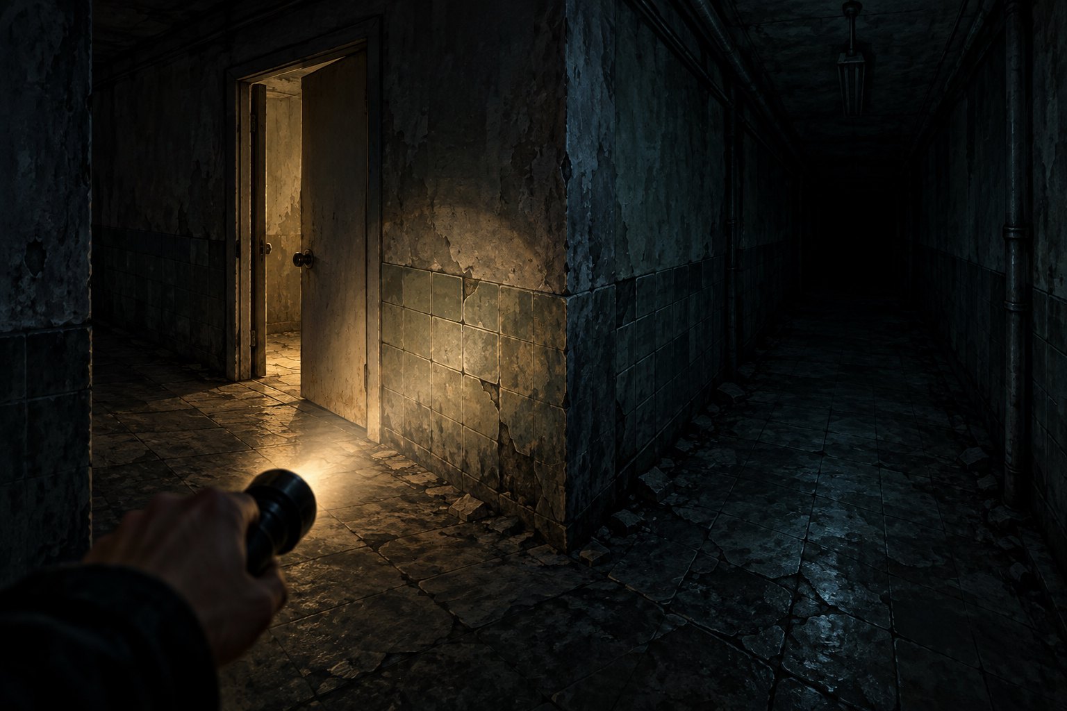 Concept illustration of a handheld flashlight illuminating a partly open door beside a dark corridor.