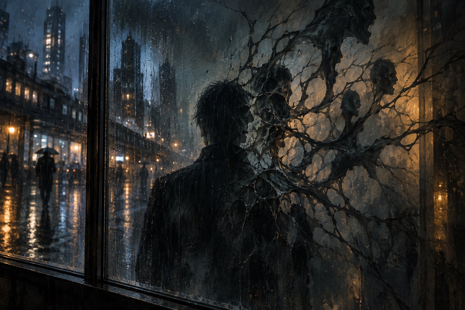Concept illustration of a human silhouette dissolving into branching shadows on rain-streaked glass beside a nighttime city.