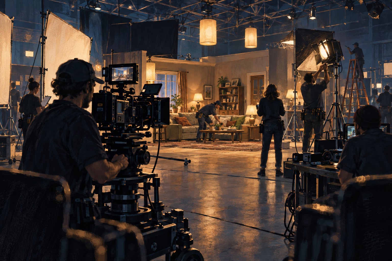 Illustration of a film crew preparing a living-room set on a soundstage, with a cinema camera in the foreground.