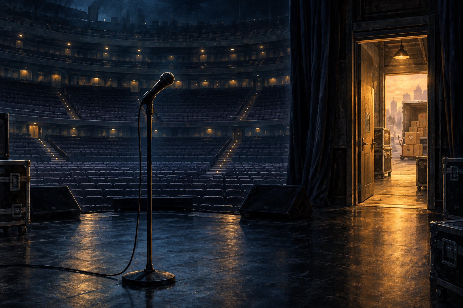 Editorial illustration of a microphone on an empty concert stage beside a warmly lit backstage doorway.