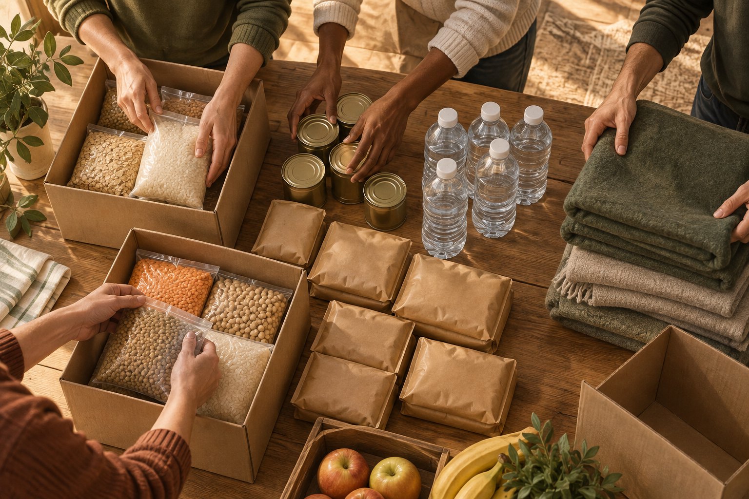 Conceptual illustration of volunteers packing food, water, and blankets, without depicting a specific aid organization or delivery.