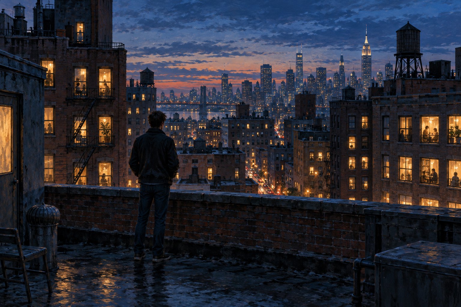 Conceptual illustration of a solitary young man on a New York rooftop overlooking warmly lit apartment windows at dusk.