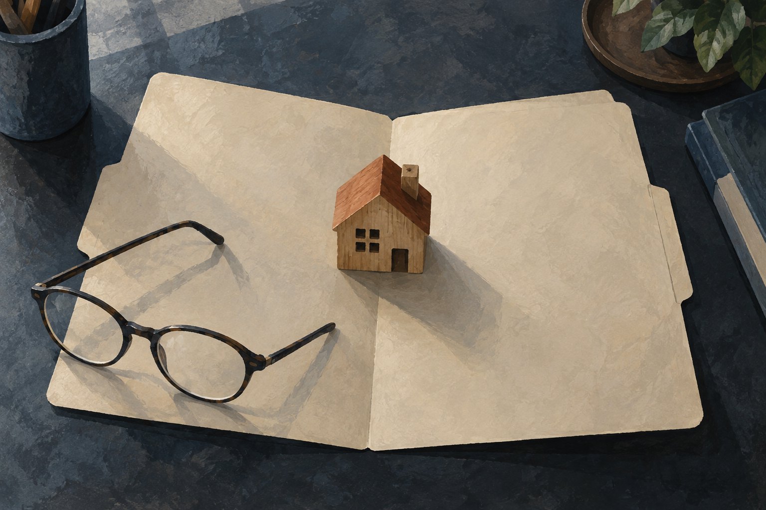 Conceptual illustration of eyeglasses and a small wooden house resting on an open blank folder.