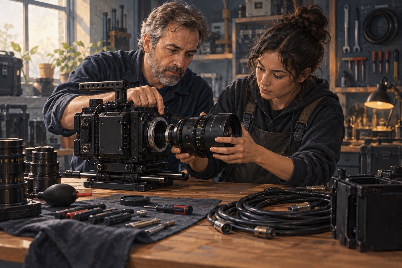 Editorial illustration of two film technicians fitting a cinema lens to a camera at a workshop bench.