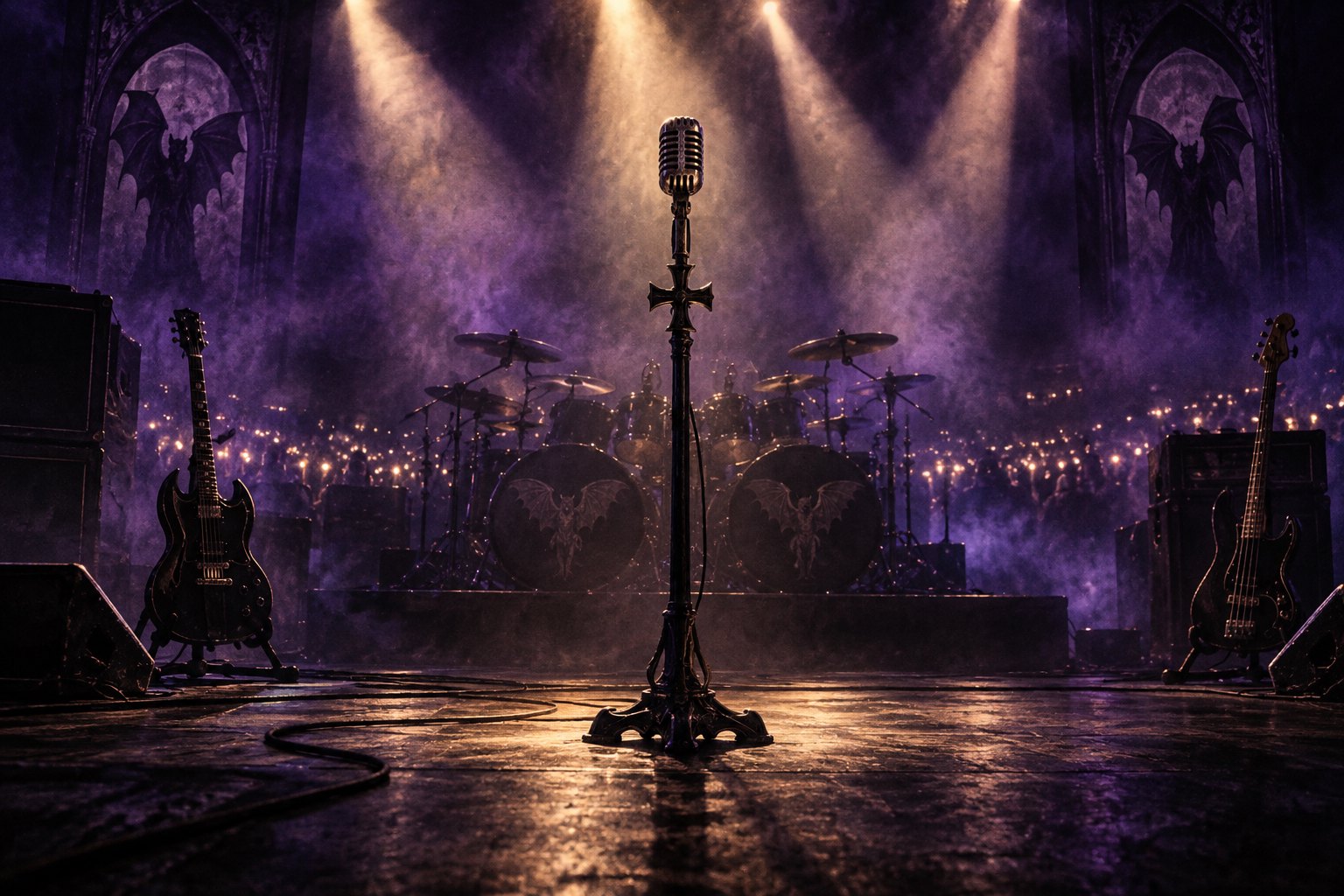 Conceptual illustration of a vintage microphone and instruments on an empty concert stage under violet haze and golden spotlights.