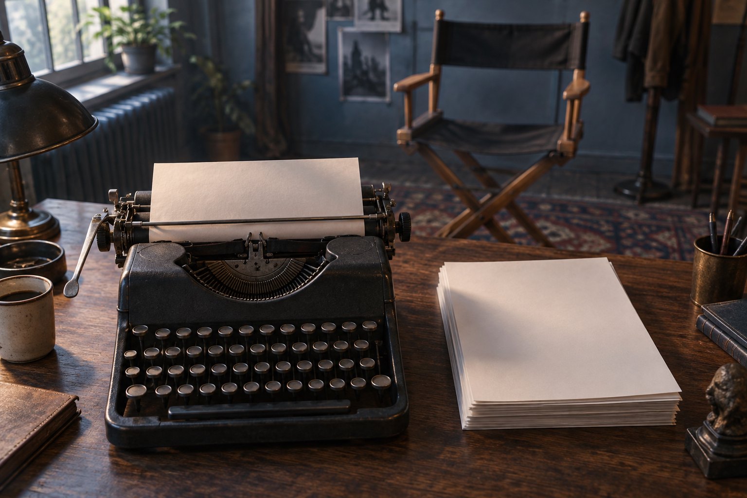 Conceptual illustration of a vintage typewriter and blank paper on a wooden desk, with an empty actor’s chair in the background.