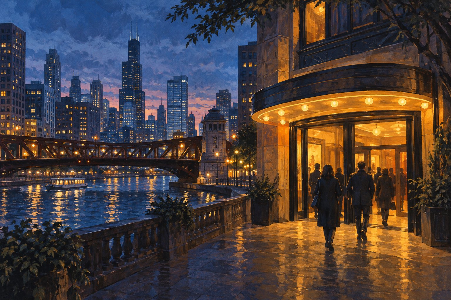 Painterly illustration of moviegoers approaching an imagined riverside cinema beneath the Chicago skyline at dusk.
