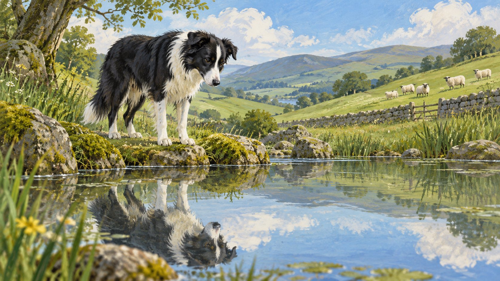 黑白牧羊犬凝視池水中的倒影,遠方羊群站在山坡上,呈現自我探索的概念插畫