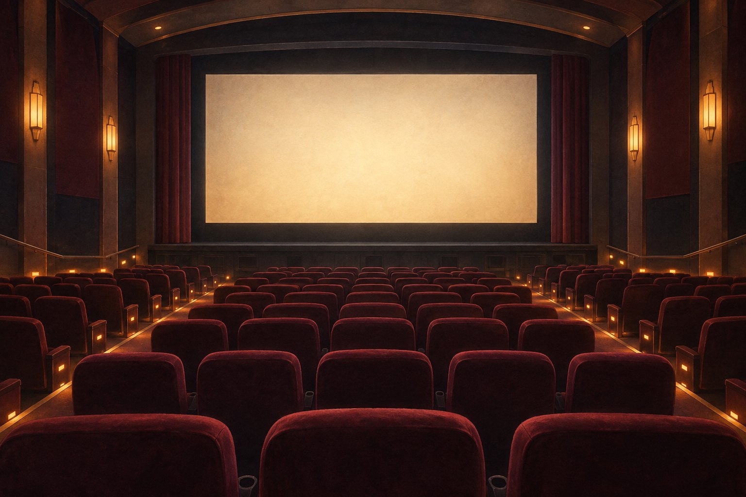 Conceptual illustration of an empty movie auditorium with burgundy seats, amber aisle lights, and a softly glowing blank screen.