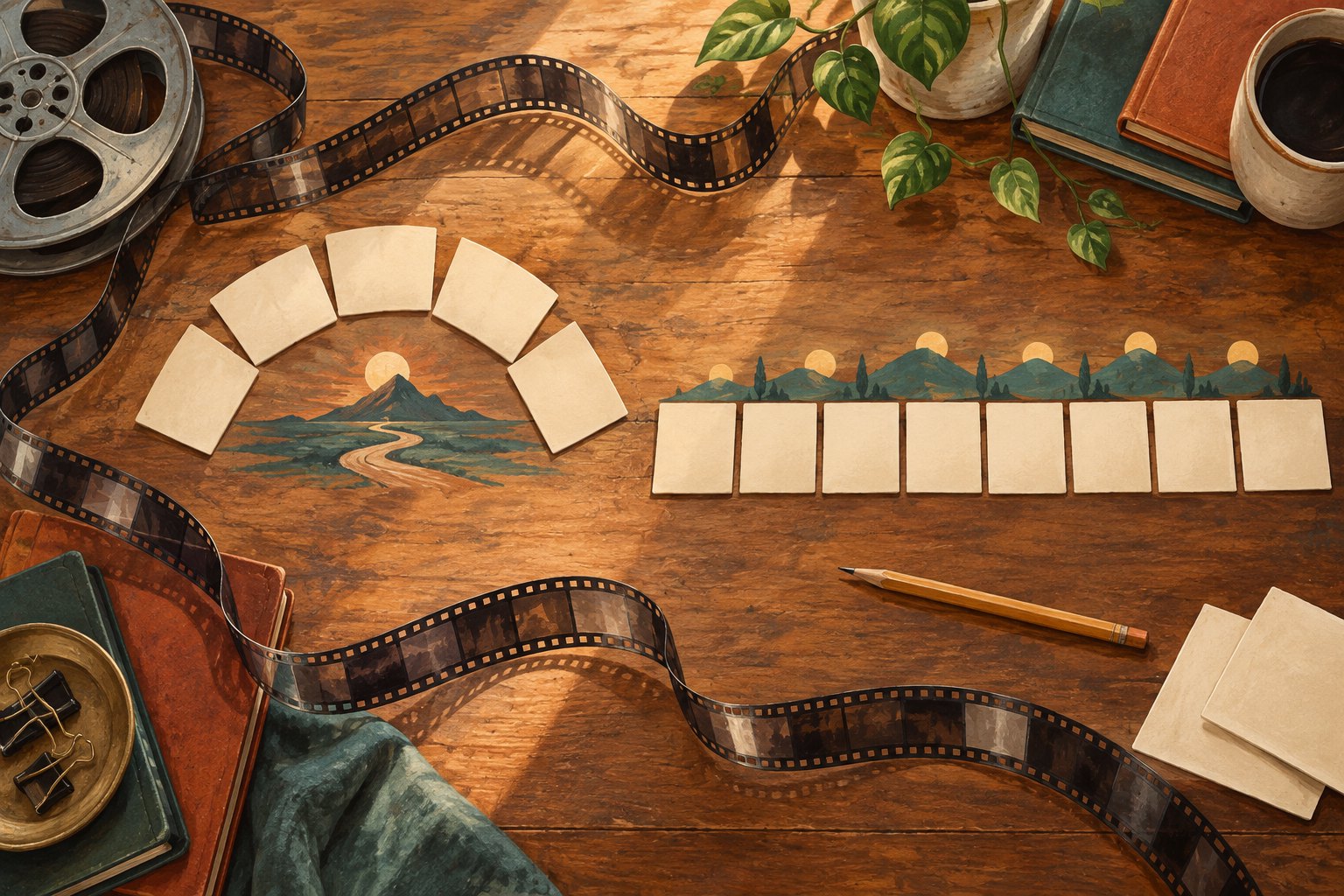 Conceptual overhead illustration of blank story cards, a winding filmstrip, and a pencil arranged on a wooden editing table.