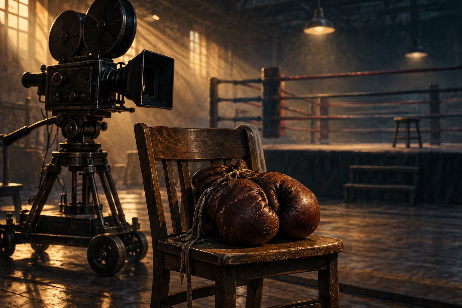 Conceptual illustration of worn boxing gloves on a wooden chair beside a vintage movie camera, with an empty boxing ring behind them.