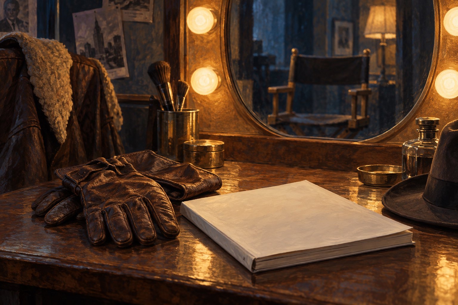 Concept illustration of leather flight gloves and an unmarked script on a dressing-room table beneath an illuminated mirror.