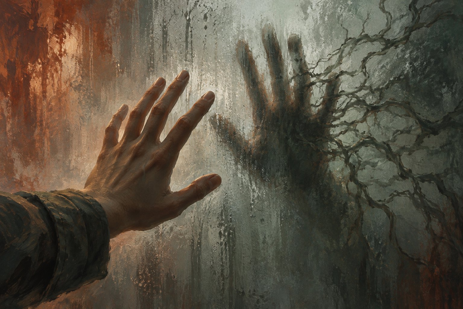 Concept illustration of an outstretched hand facing a distorted hand-shaped shadow through fogged glass.
