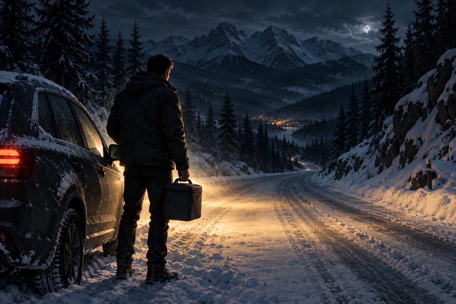 Concept illustration of a courier holding a delivery case beside a car on a snowy mountain road at night.