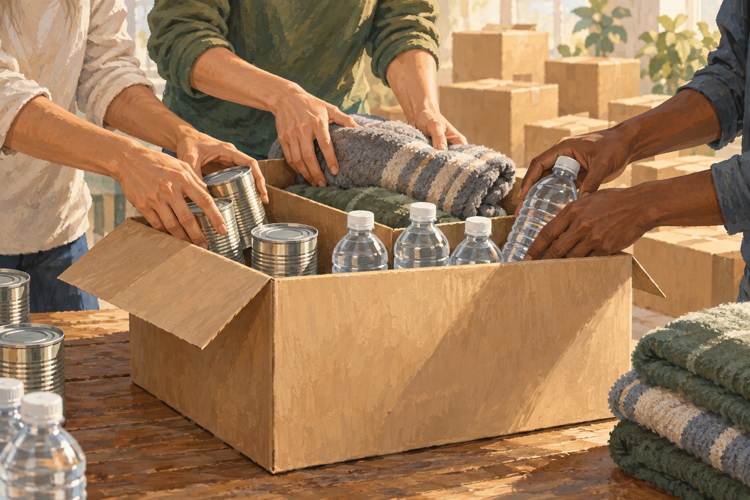 Conceptual illustration of volunteers packing food tins, water bottles, and blankets into an unmarked aid box.