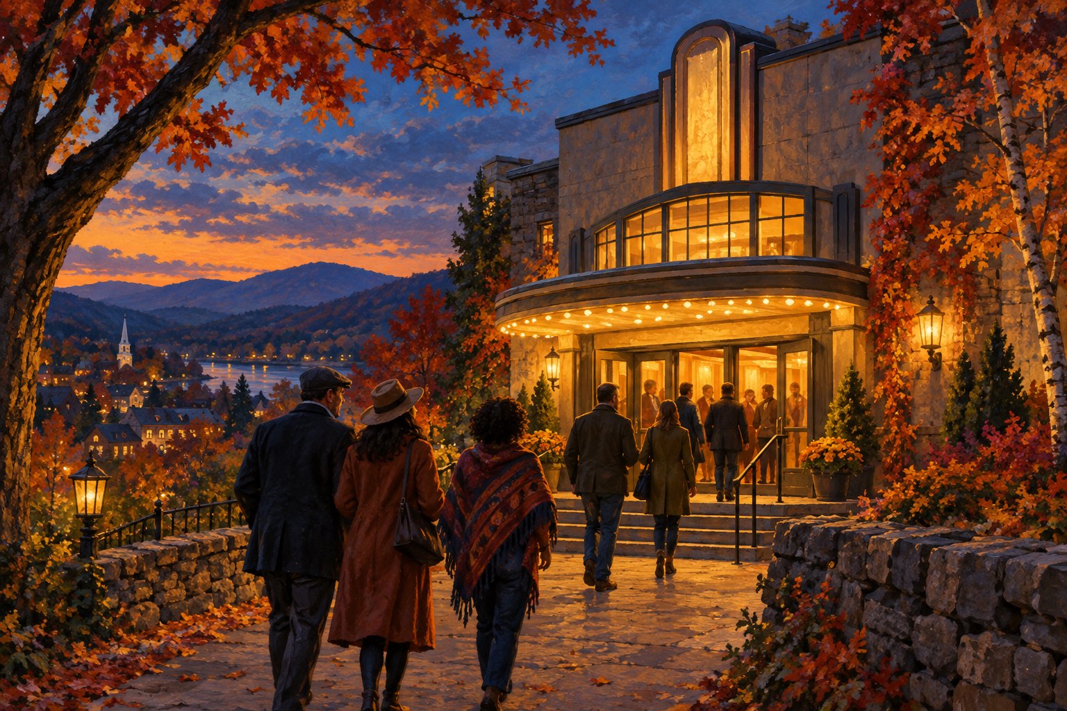 Painterly illustration of moviegoers approaching a warmly lit small-town cinema surrounded by autumn trees at twilight.