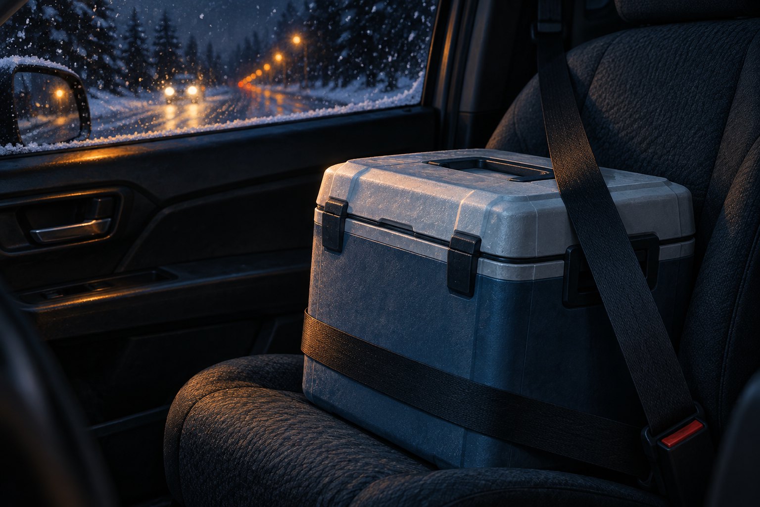 Conceptual illustration of an unmarked transport case secured on a car seat beside a snowy nighttime window.