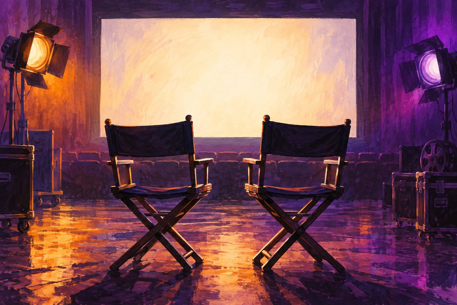 Conceptual illustration of two empty actor chairs facing a blank screen under violet and amber studio lights.