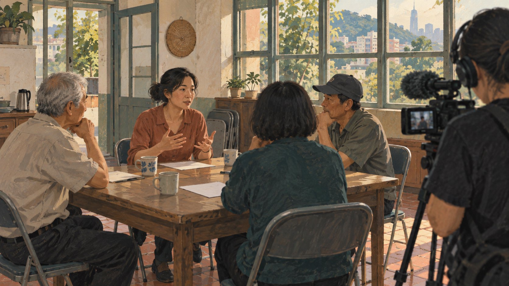 居民圍坐木桌聆聽彼此發言，攝影者在一旁記錄，呈現民主紀錄片傾聽日常的概念插畫