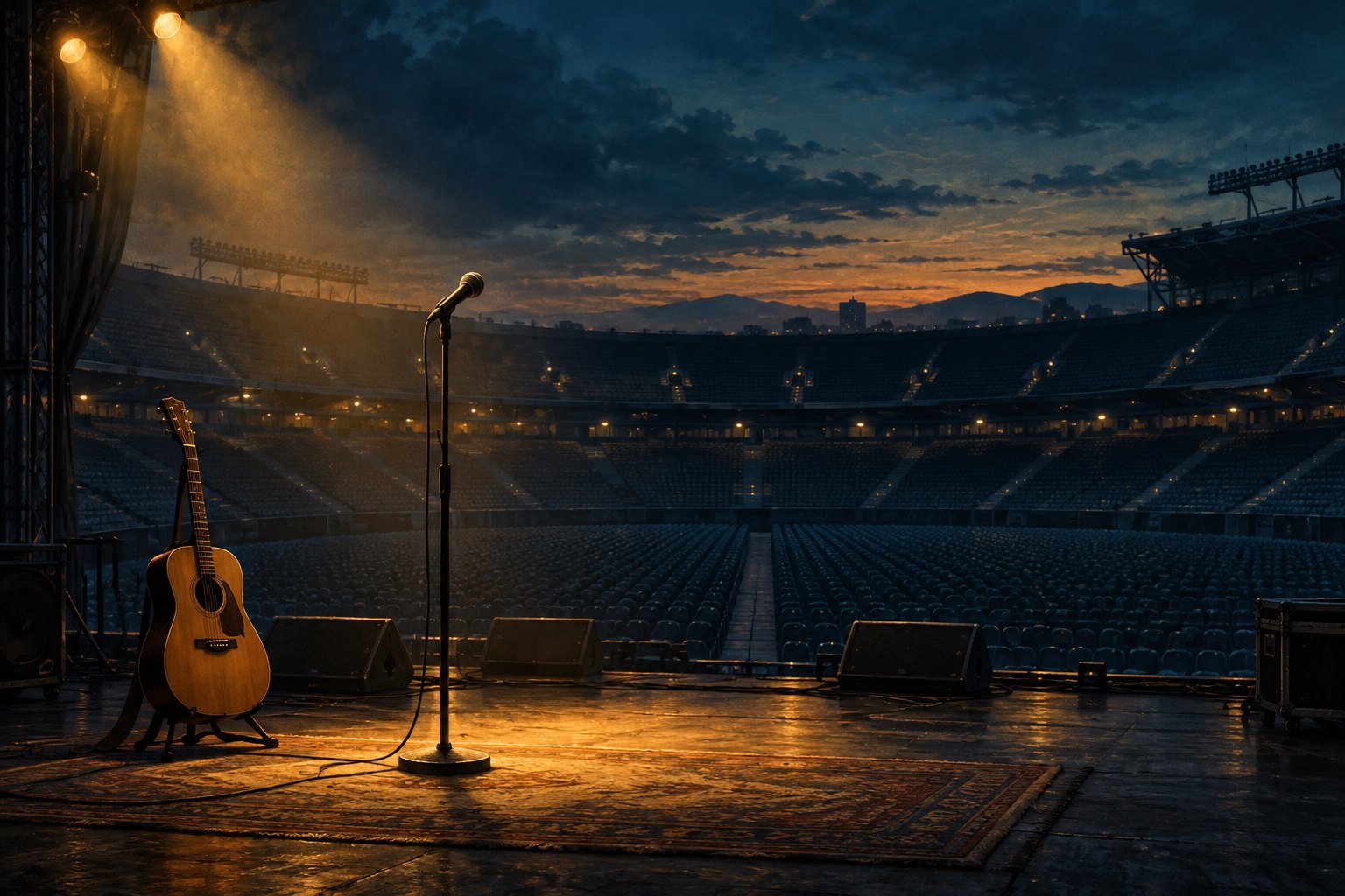 Editorial illustration of a microphone and acoustic guitar on an empty stadium stage beneath warm lights at dusk.