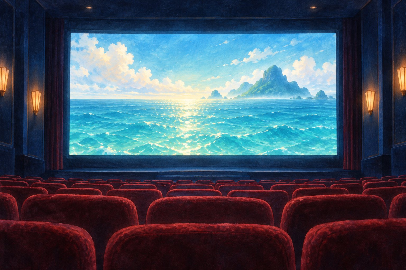 Conceptual illustration of red cinema seats facing a luminous screen filled with turquoise water and a distant island.