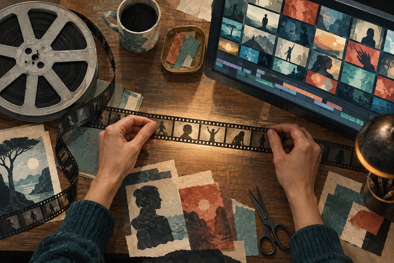 Conceptual illustration of hands examining a filmstrip beside a film reel and a monitor displaying a mosaic of cinematic images.