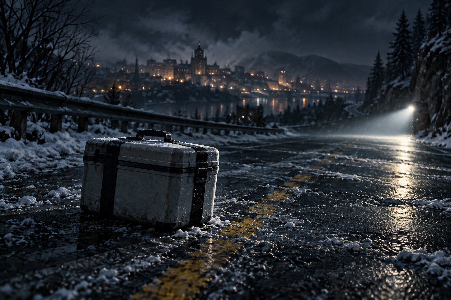 An unmarked medical delivery case sits on a snowy road beneath a cold beam of light, with distant city lights beyond.