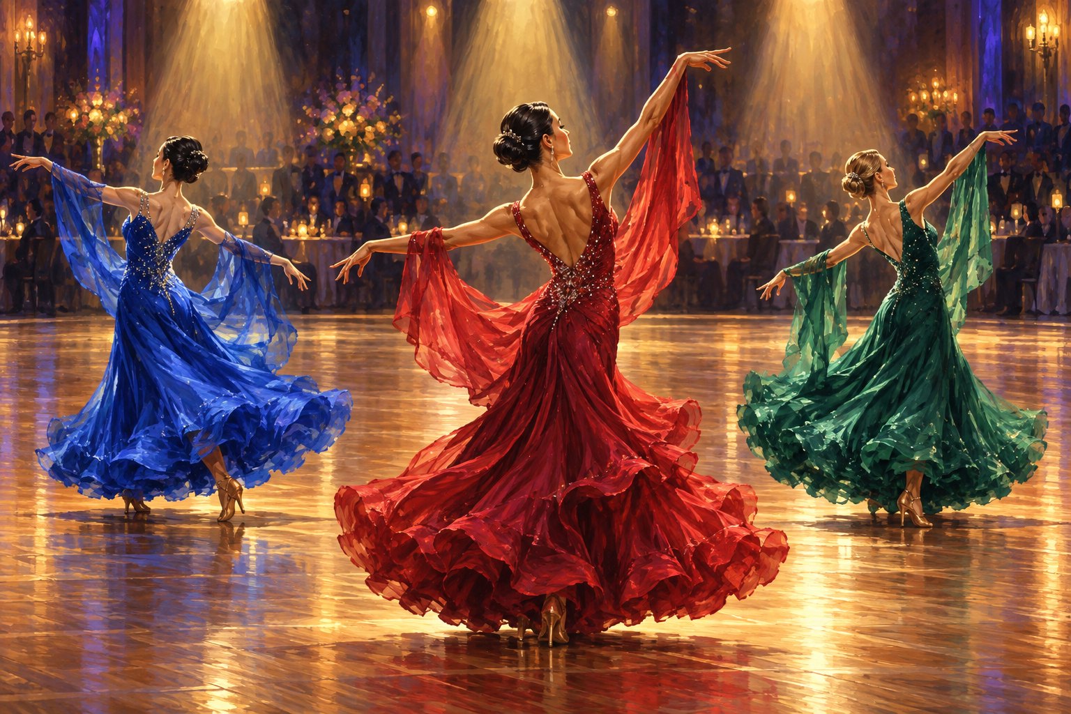 Conceptual illustration of three women in colorful ballroom gowns dancing beneath golden spotlights.