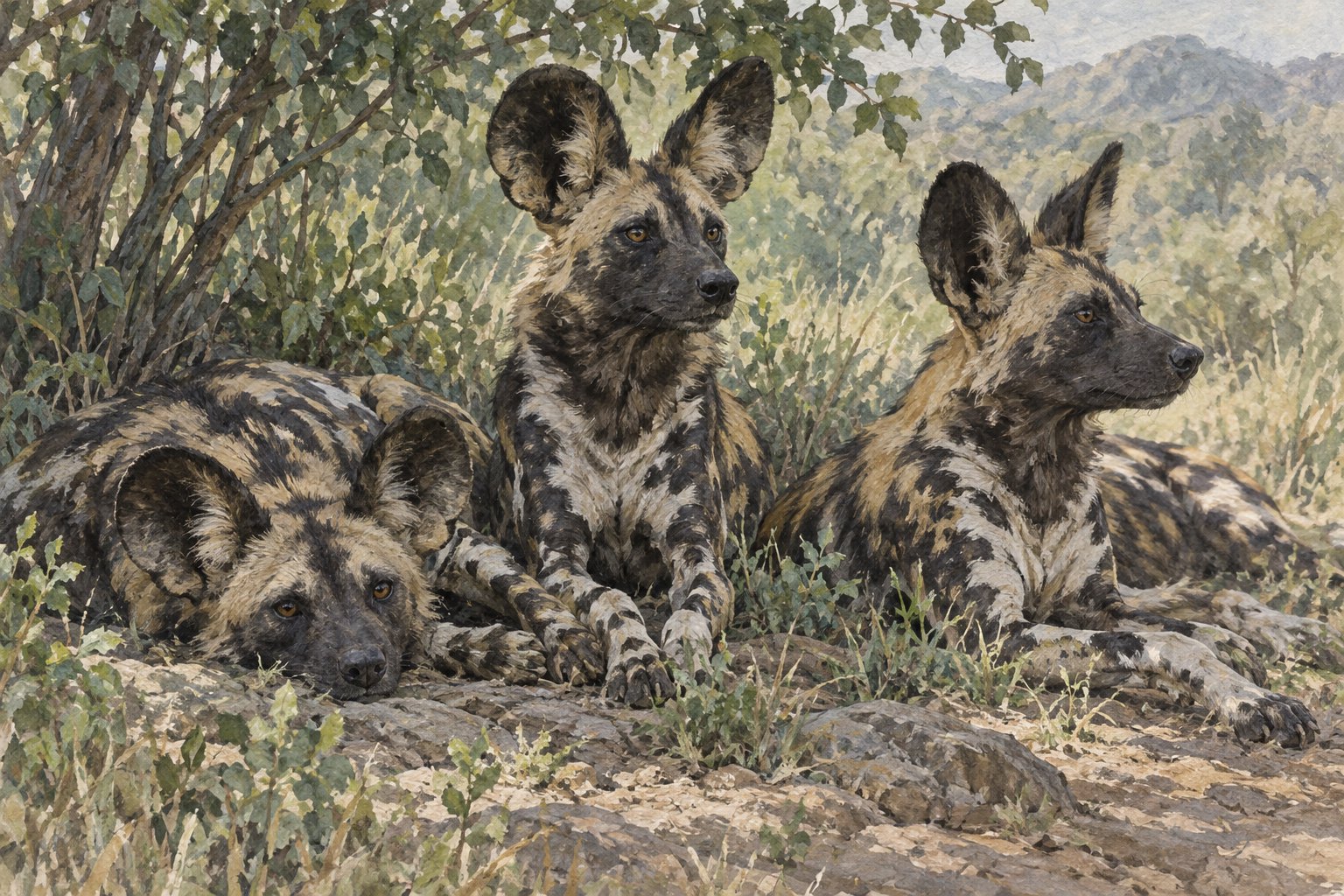 Conceptual watercolor illustration of three African wild dogs resting together in dappled shade.