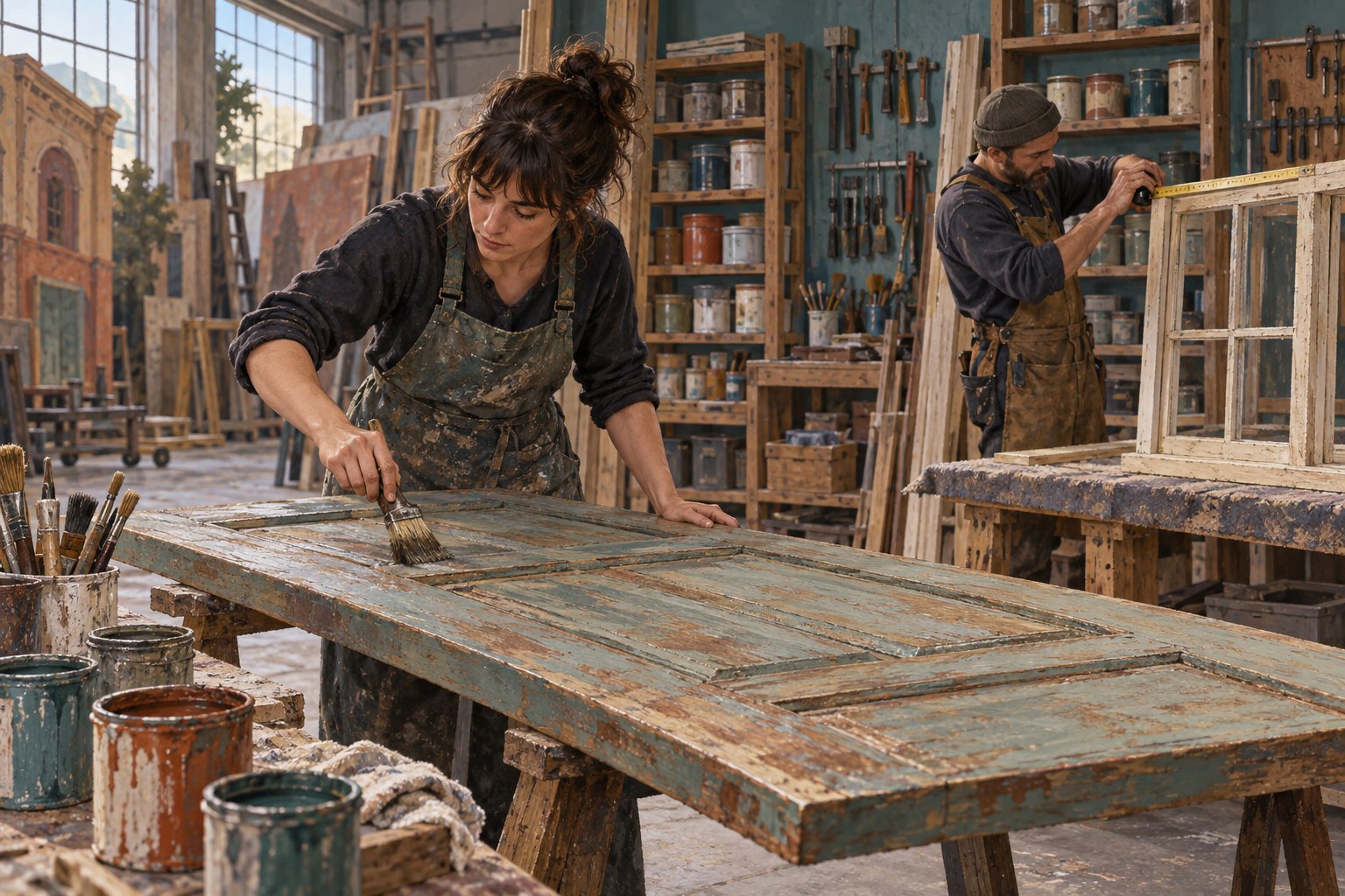 Illustration of a scenic painter aging a wooden door while a carpenter measures a window frame in a film workshop.