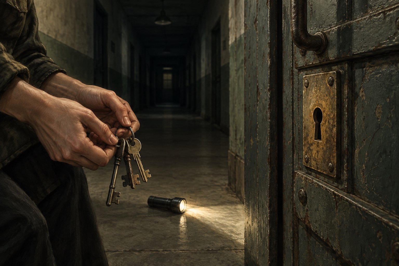 Concept illustration of hands sorting old keys beside a heavy door, with a flashlight illuminating a dark hallway.