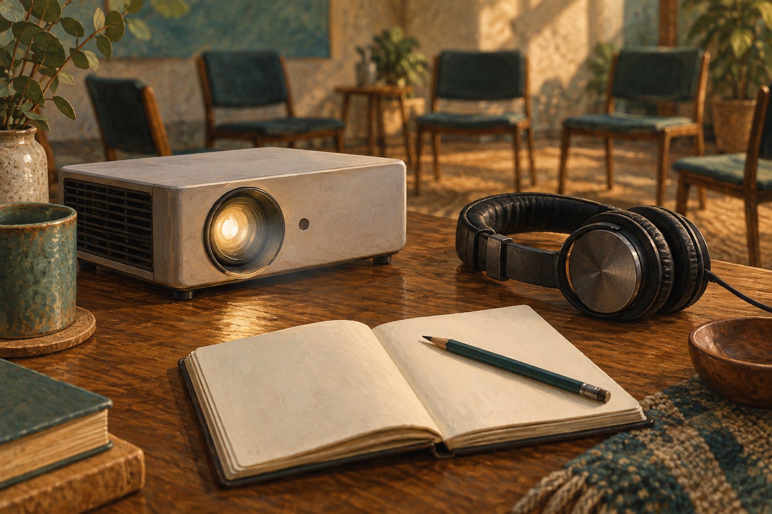 Symbolic illustration of a projector, headphones, and an open blank notebook on a wooden table beside empty discussion chairs.