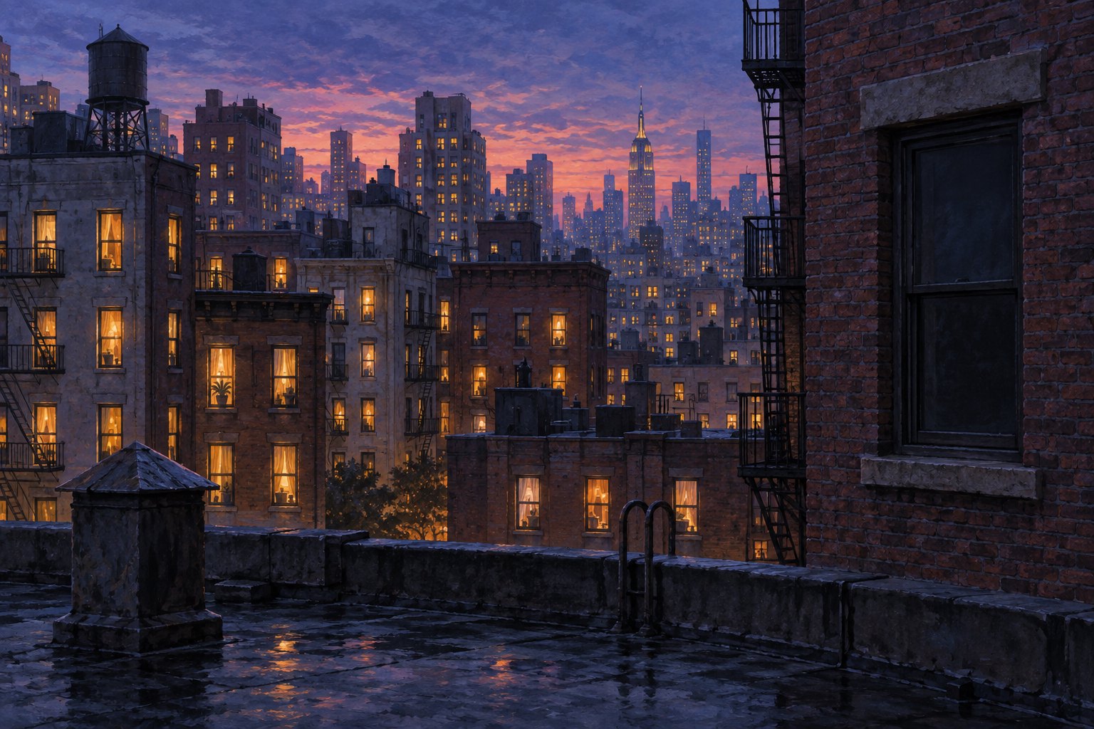 Painterly illustration of illuminated New York apartments at dusk, with a dark window overlooking a quiet rooftop.